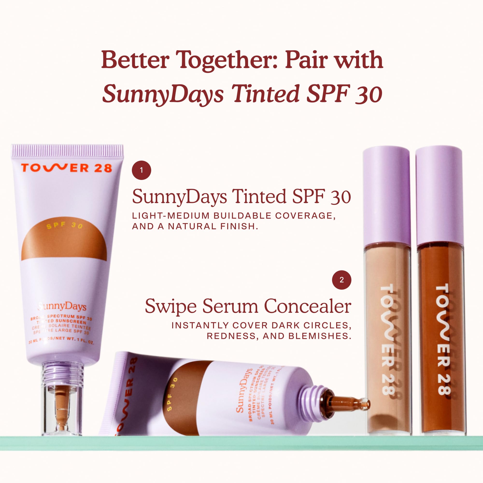 Tower 28 Swipe Serum Concealer in 2.0 + SunnyDays SPF 30 Tinted Moisturizer in 10 - Hydrating Medium-Full Coverage Concealer + 2-in-1 Buildable Coverage Foundation + Mineral Sunscreen (2 Count) - Image 5